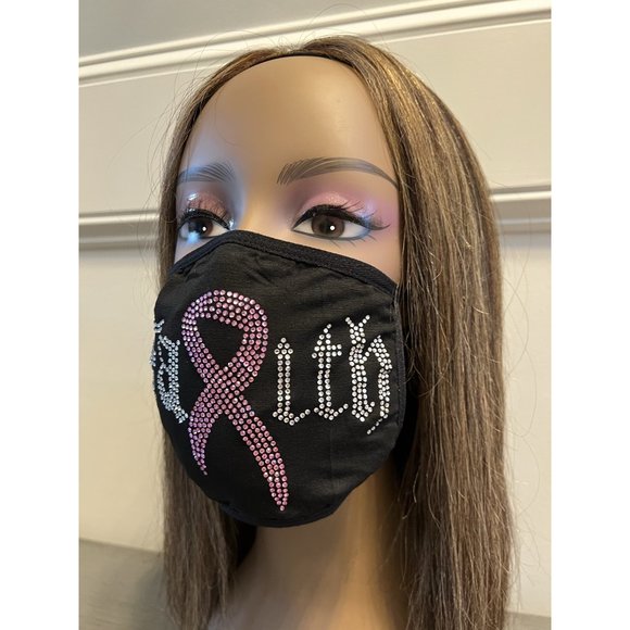 Breast Cancer Awareness Pink Ribbon Bling Face Mask Rhinestone - Picture 8 of 10